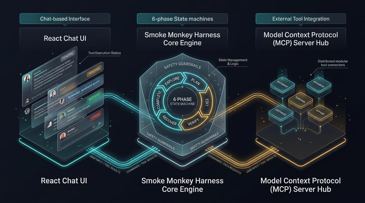 Smoke Monkey 3-Pillar Architecture Diagram: React Chat UI, Backend Harness Core Engine, and Model Context Protocol Server Hub